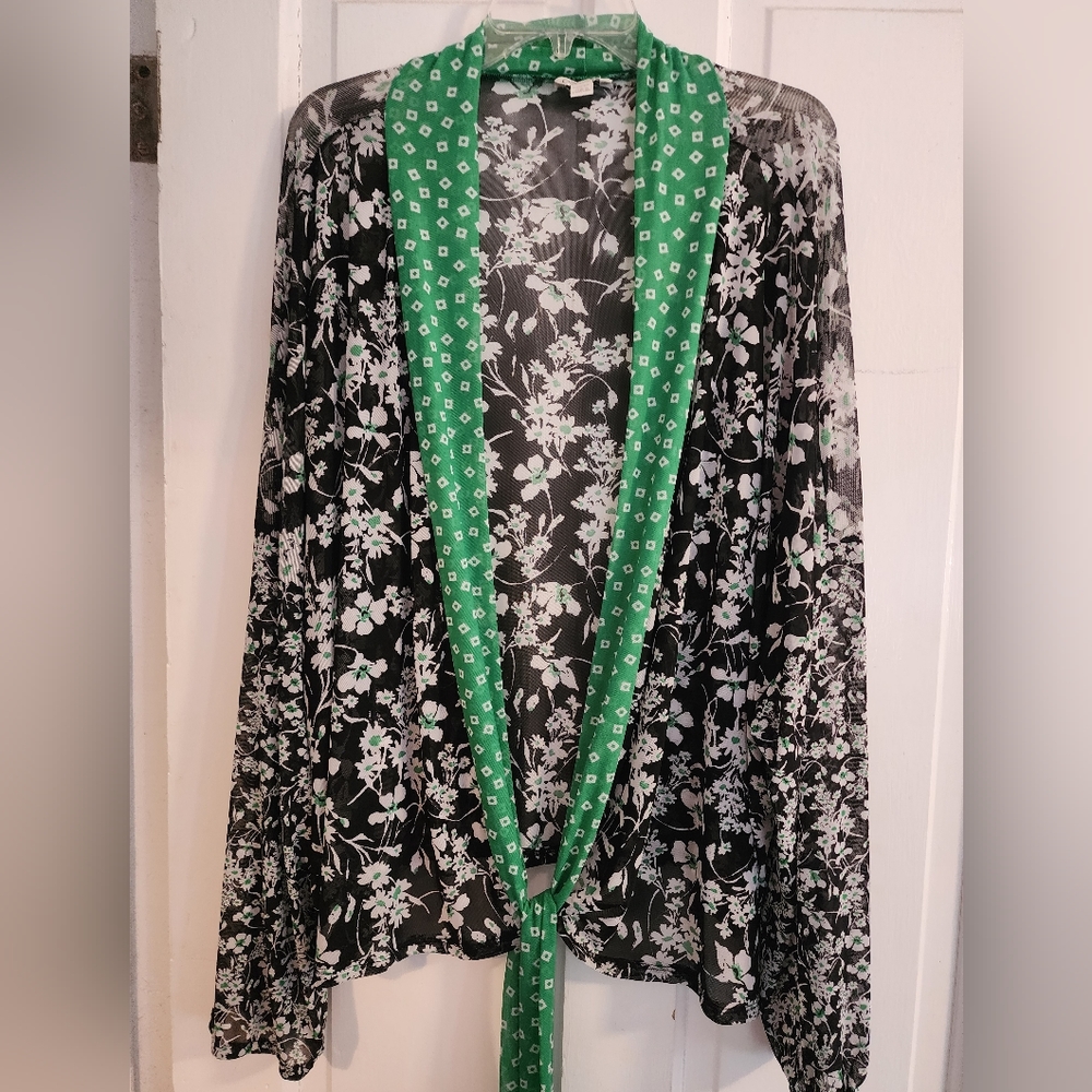 Sheer Black and White floral tie front top